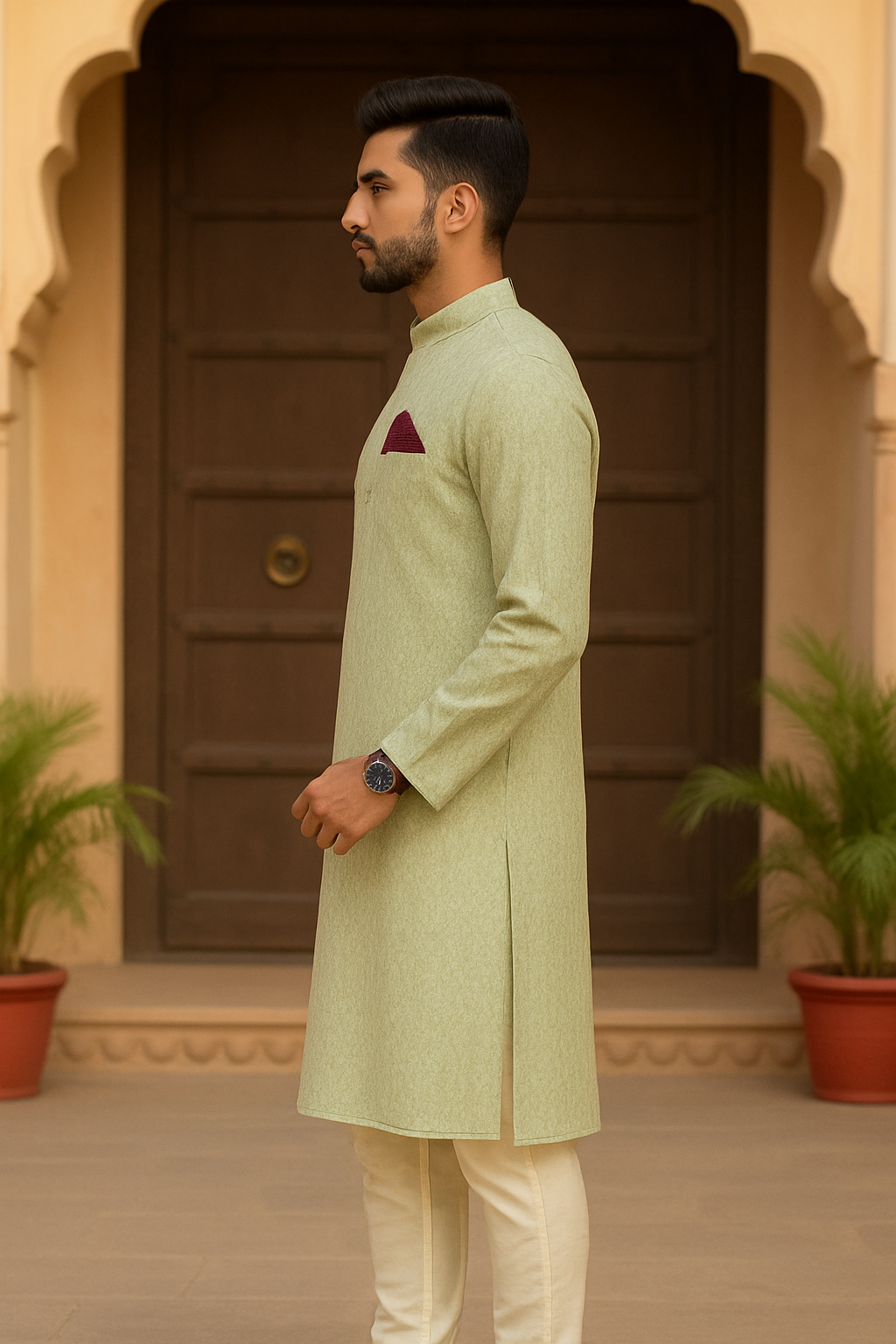Premium Light Green Jacquard full sleeve Kurta Set for Men – Elegant Festive & Wedding Wear