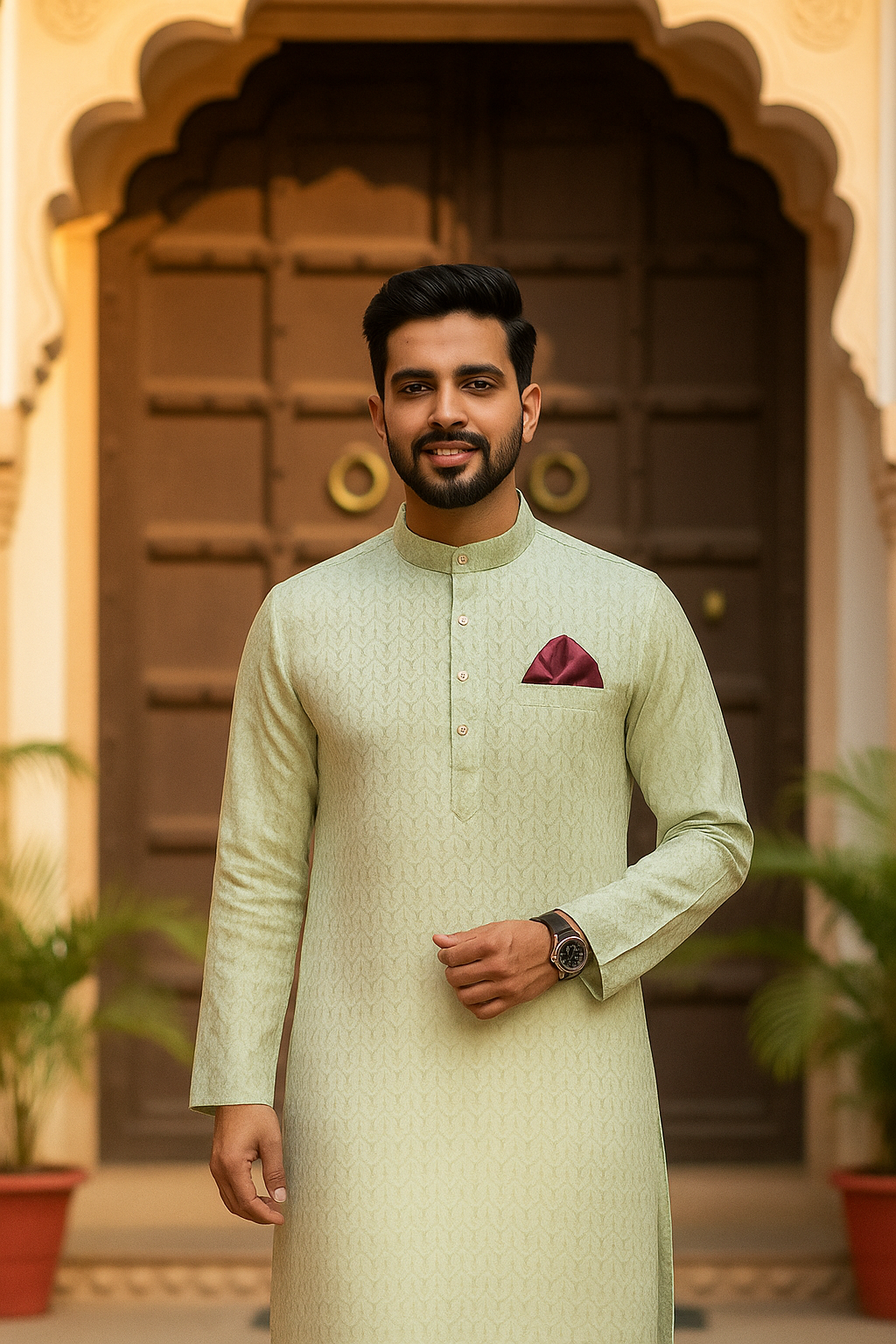 Premium Light Green Jacquard full sleeve Kurta Set for Men – Elegant Festive & Wedding Wear