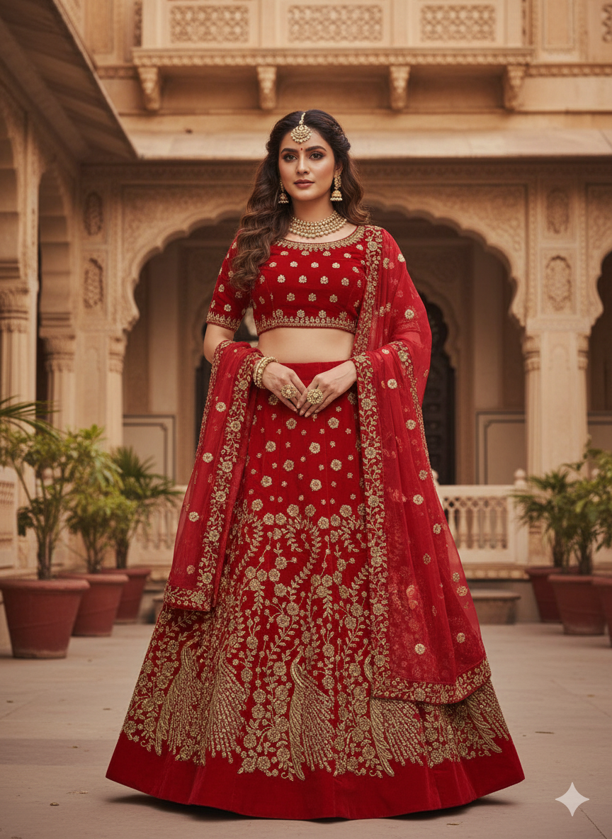 Royal Red Zardosi Embroidered Velvet Bridal Lehenga