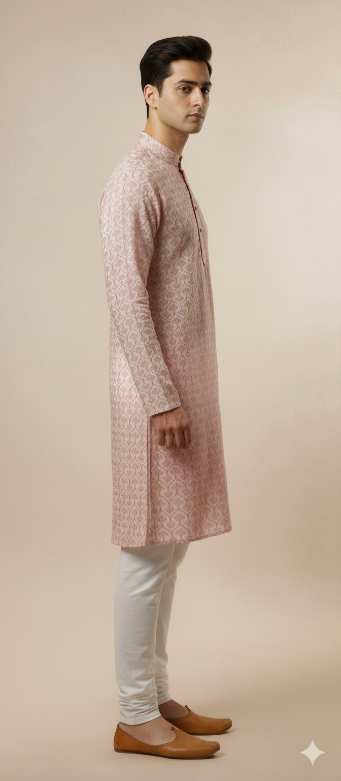 Premium Pastel Pink Jacquard Kurta Set for Men – Elegant Festive & Wedding Wear