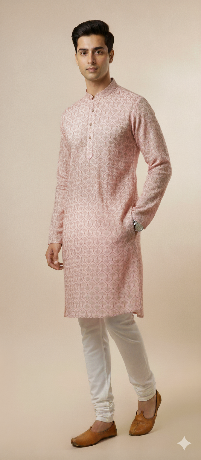 Premium Pastel Pink Jacquard Kurta Set for Men – Elegant Festive & Wedding Wear