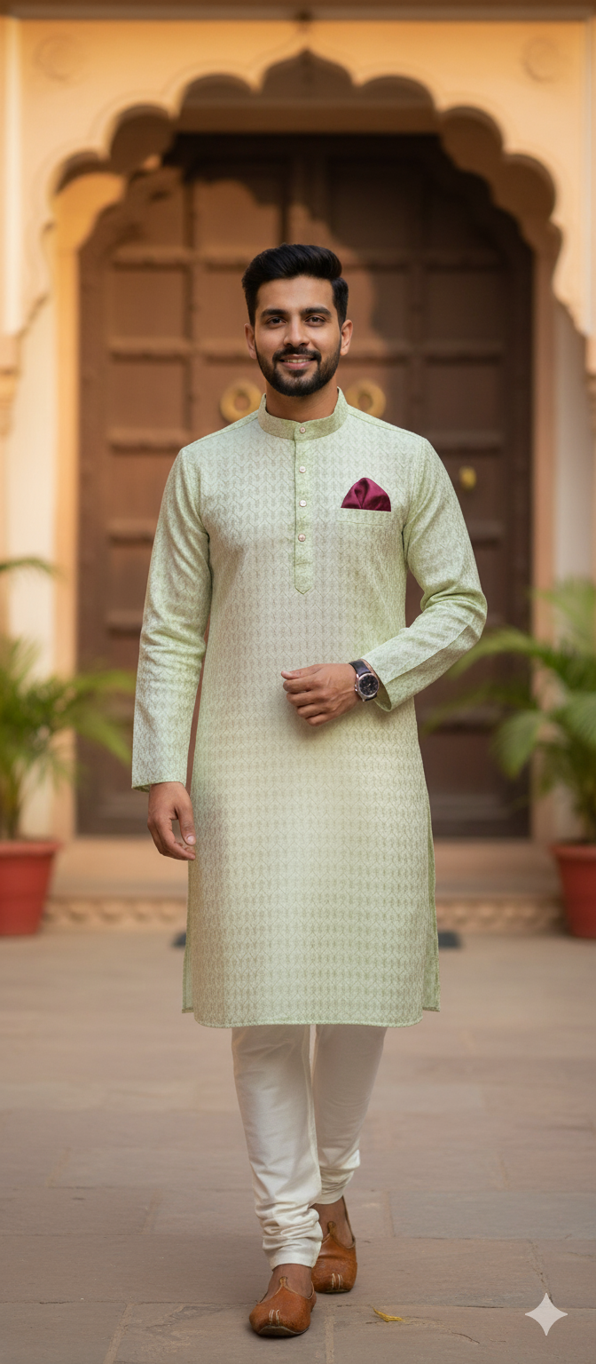 Premium Light Green Jacquard full sleeve Kurta Set for Men – Elegant Festive & Wedding Wear