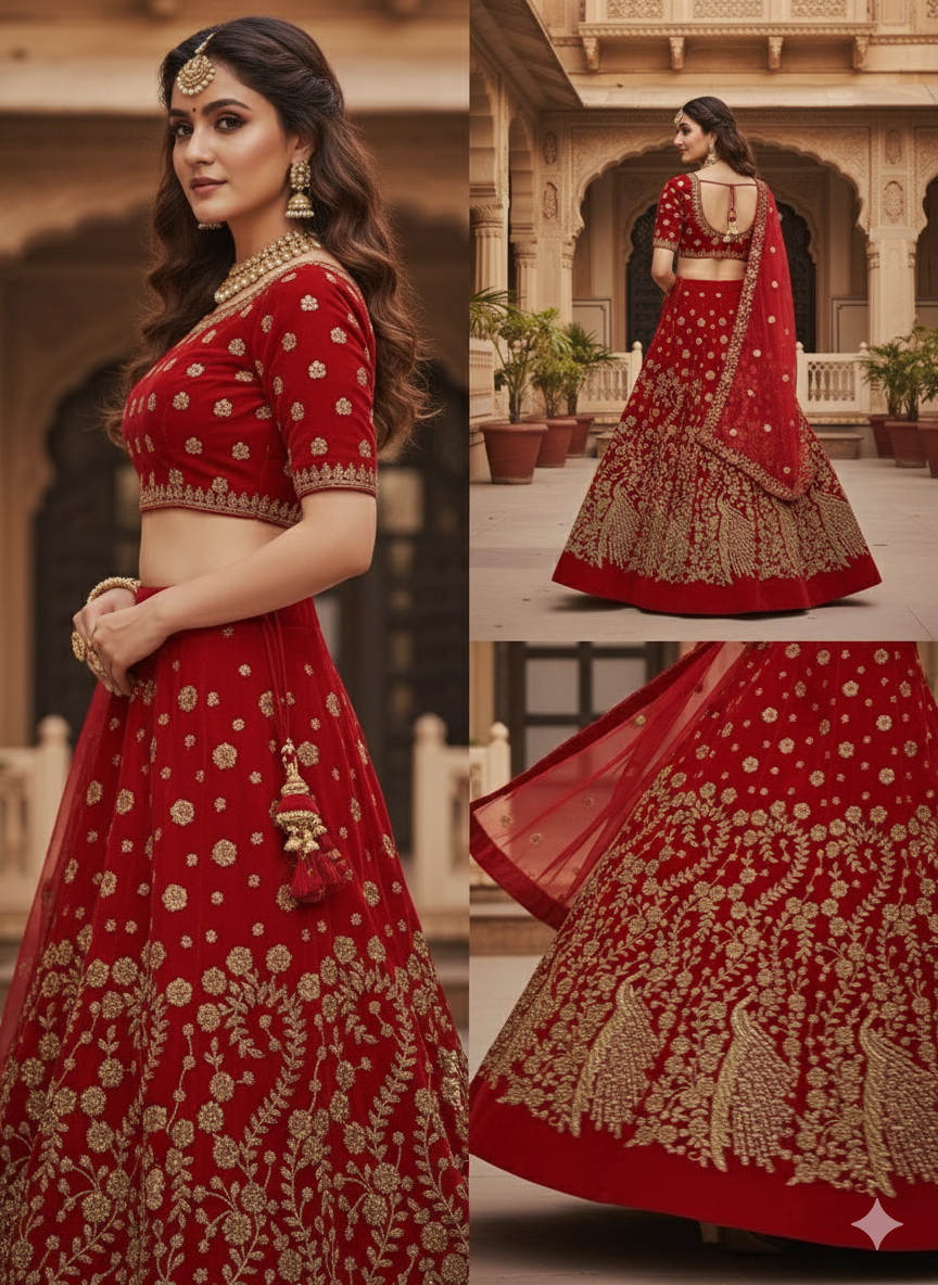 Royal Red Zardosi Embroidered Velvet Bridal Lehenga